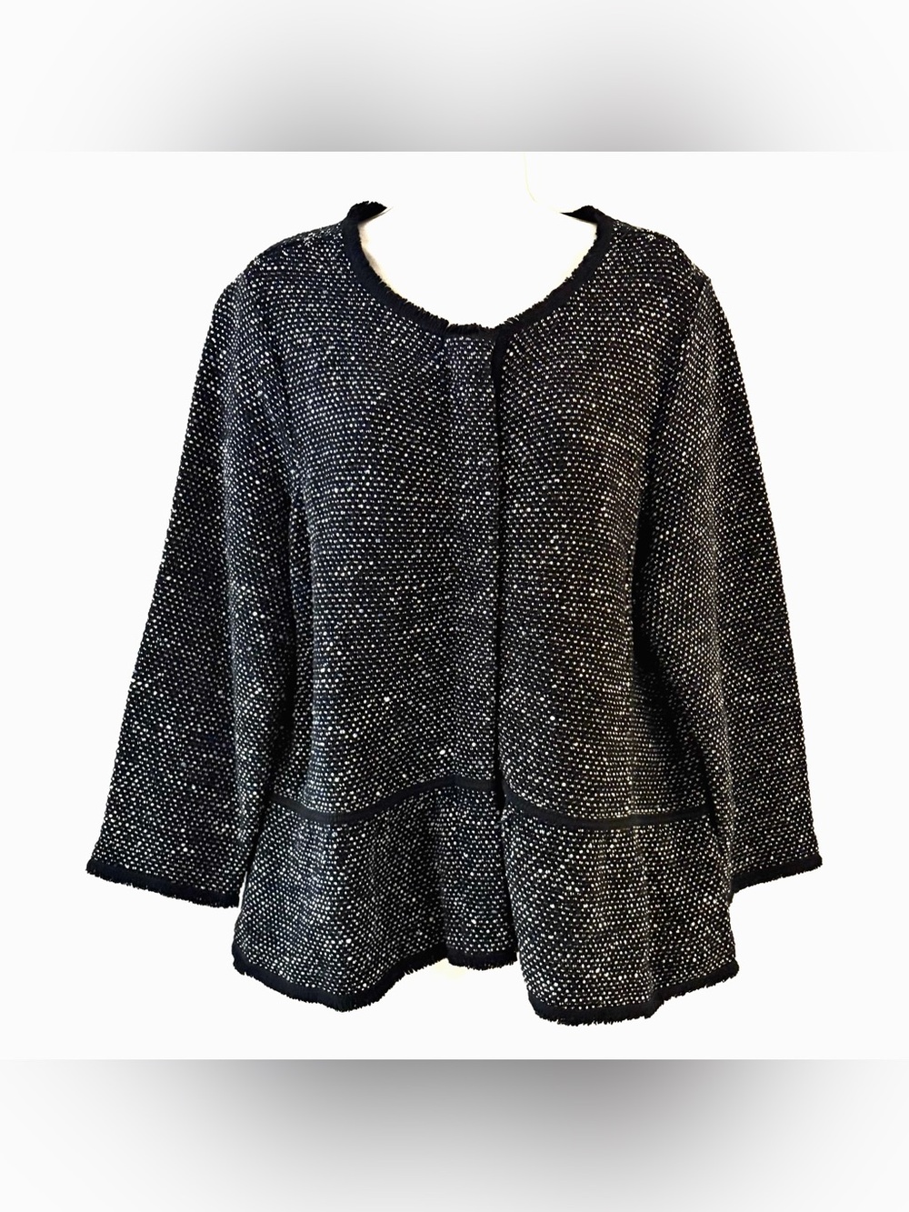 Talbots Dark Navy Blue and White Bouclé Open-Front Jacket